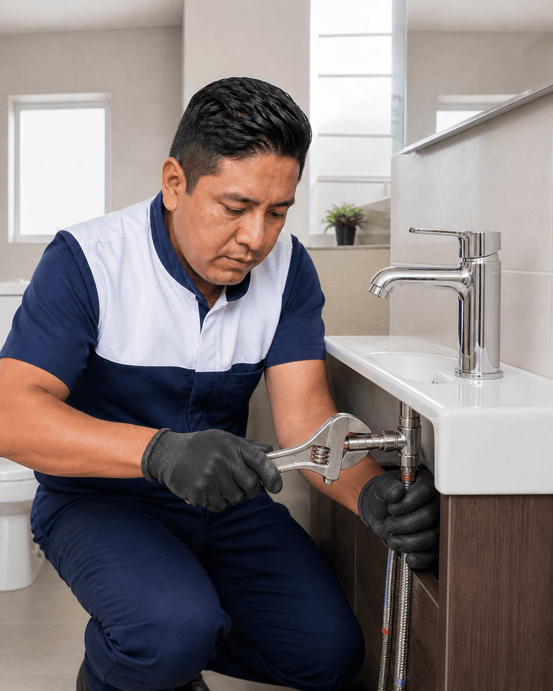 Técnico de HomeService ajustando la grifería de un lavamanos en Quito