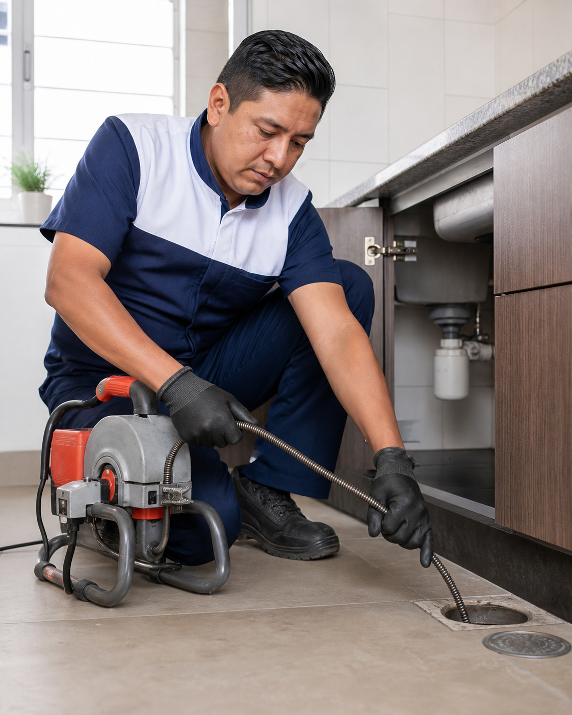 Técnico de HomeService destapando un desagüe en Quito