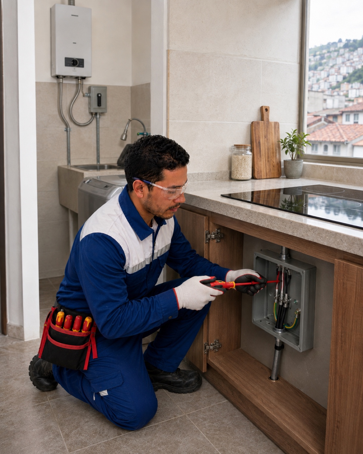 Técnico de HomeService realizando una conexión eléctrica en Quito