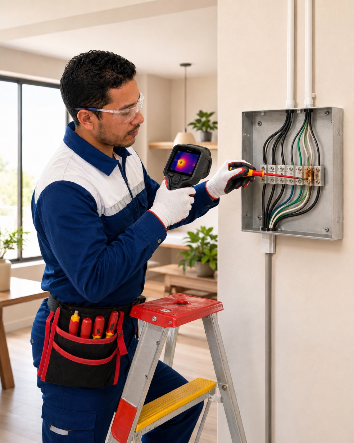 Técnico de HomeService revisando cableado eléctrico en Quito